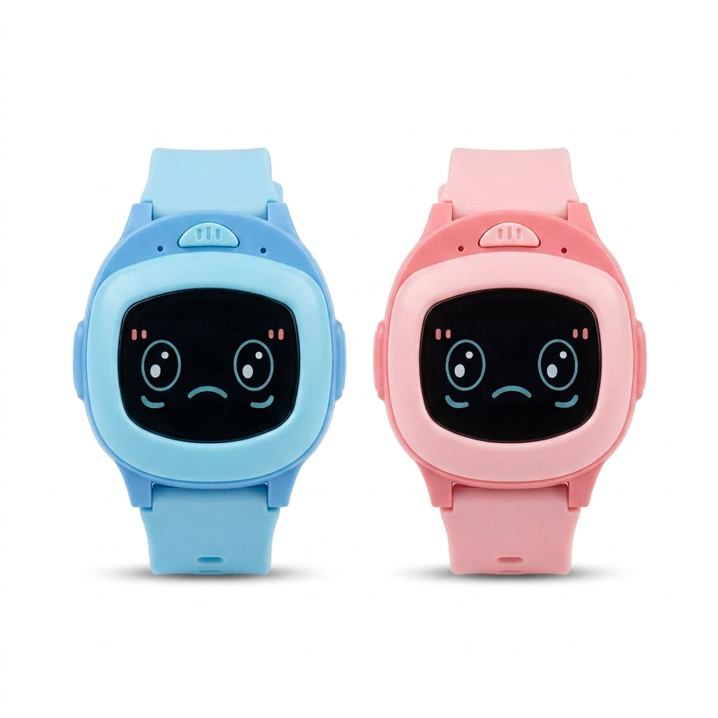 Pair of kids walkie talkie watches in pink and blue on white background