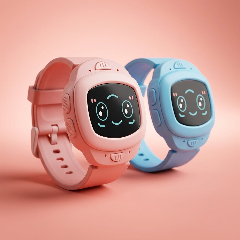 Close-up of pink and blue kids walkie talkie watches with cartoon face displays