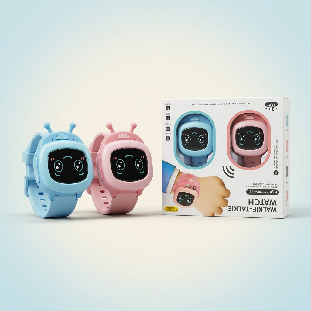Walkie Talkie Watch pair shown beside its retail box