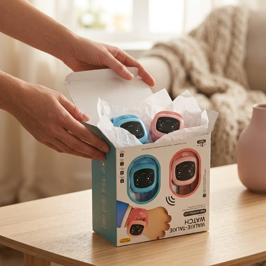 Hands opening the Walkie Talkie Watch box to reveal both watches