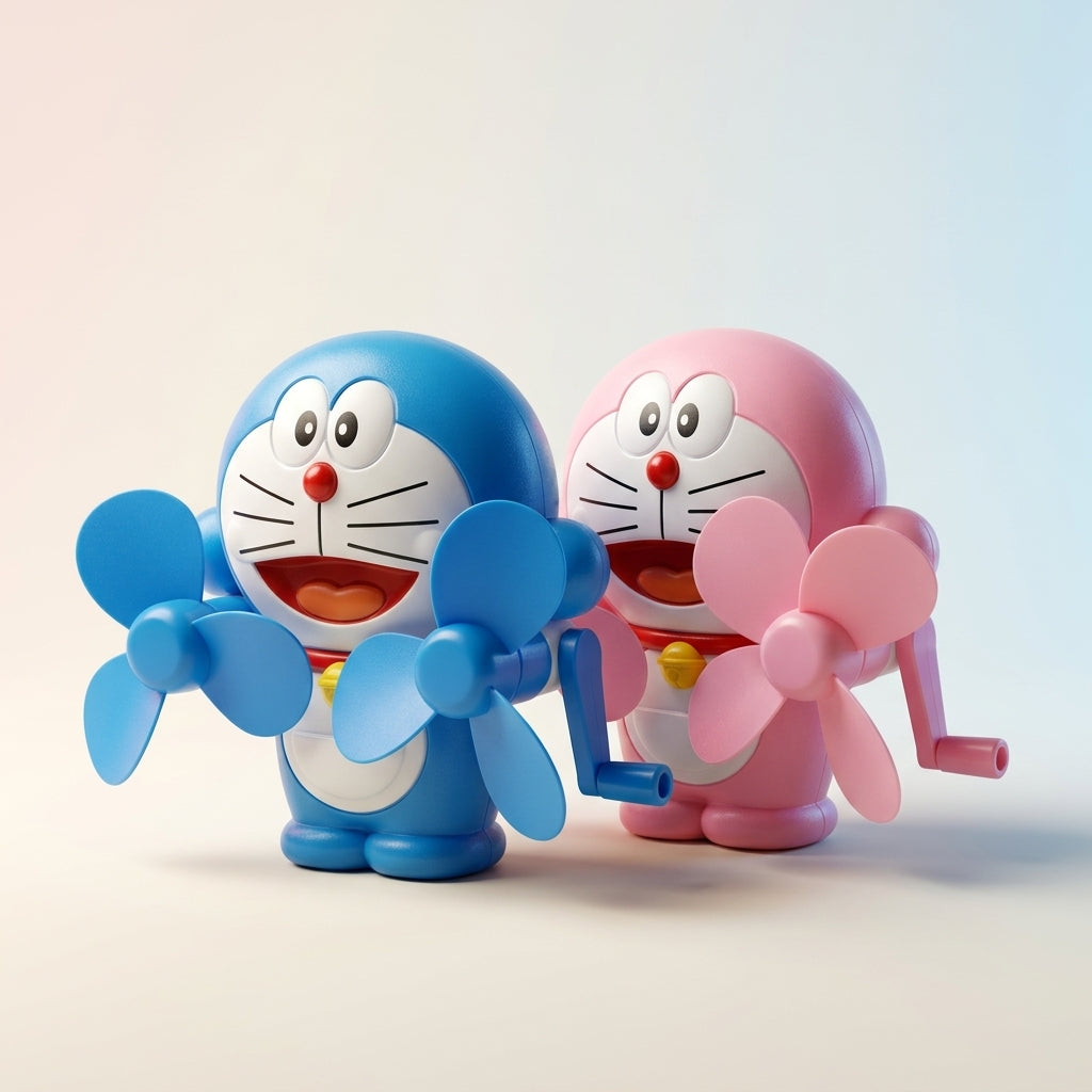 Blue and pink wind-up propeller cat figures side by side