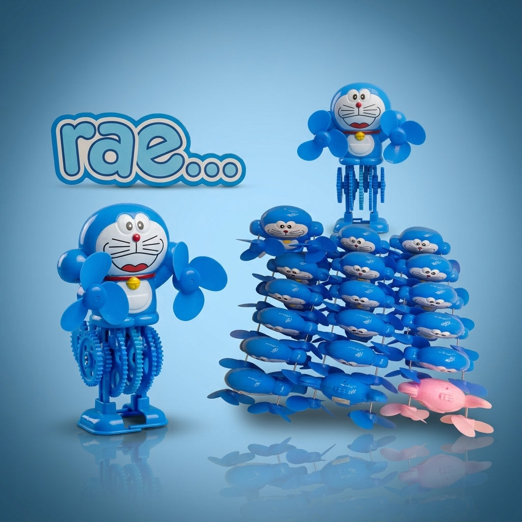 Wind-up propeller cat figures shown singly and in bulk stacked rows