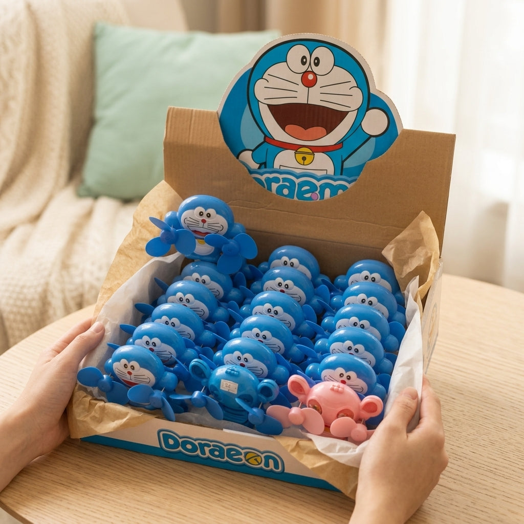 Retail counter-display box filled with wind-up propeller cat figures